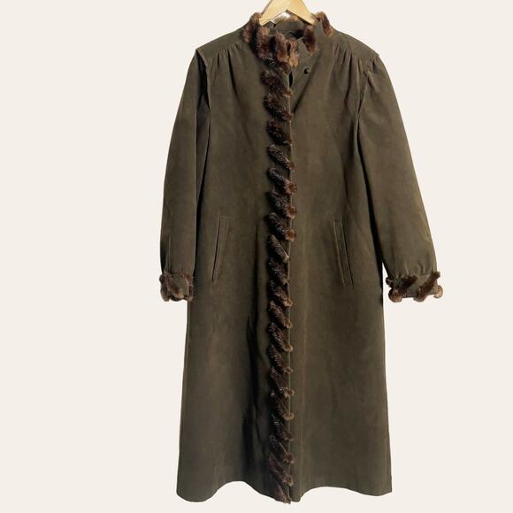 Vintage Jackets & Blazers - Vintage Oberstoff Brown Faux Suede Faux Fur Trim Long Coat Women's Size 10